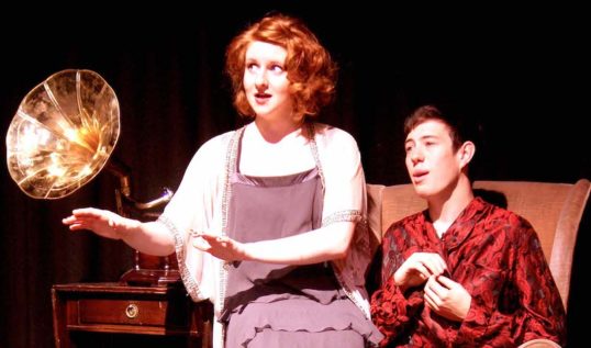 Roz Ford (Janet Van de Graaf) and Andrew Strling (Man in Chair) in the Edinburgh University Savoy Opera Group's production of the Drowsy Chaperone. Edinburgh Fringe 2012
