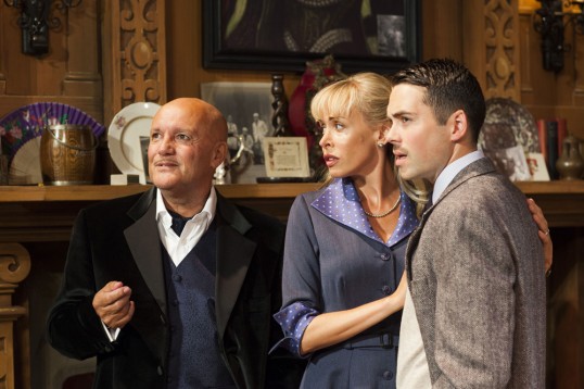 Karl Howman (Mr Paravacini), Jemma Walker (Mollie Ralston) and Bruno Langley (Giles Ralston). Photo: Helen Maybanks