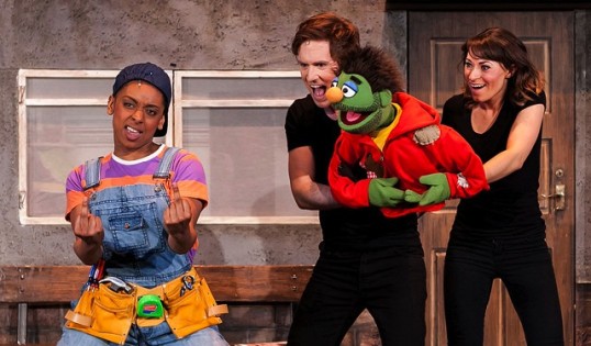 Ellena Vincent as Gary Coleman and Stephen Arden and Jessica Parker as Nicky in Avenue Q. Photo © Darren Bell