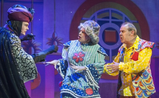 Abanazar (Grant Stott) Widow Twankey (Allan Stewart) and Wishee Washee (Andy Gray). Photo: Douglas Robertson