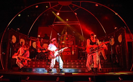 Mark Newnham as Cookie (centre) and the cast of Return to the Forbidden Planet. Photo: Nobby Clark