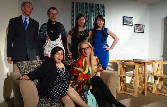 Standing: Murray Petrie, Scott Kerr, Bethany Laing and Estelle Cross; Seated Gill McEvoy & Daria Renka. Photo: Saughtonhall Drama Group