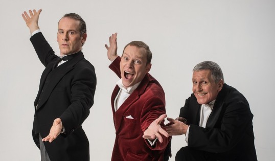 Jason Thorpe (Jeeves), Robert Webb (Bertie Wooster) and Christopher Ryan (Seppings). Photo: Hugo Glendinnig