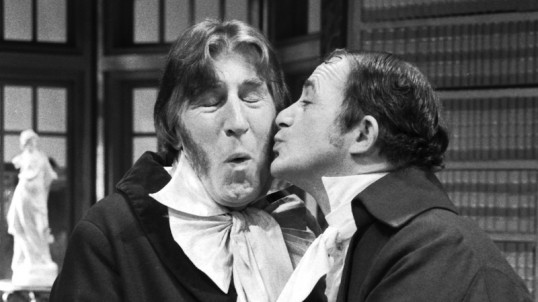 Paul Young gives Rikki Fulton a kiss on the cheek in the Perth Theatre Company production of A Wee Touch of Class at the Church Hill Theatre during Edinburgh Festival 1985. Photo © The Scotsman Publications Ltd