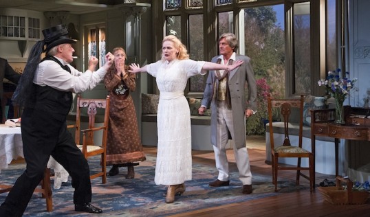 Cecily (Christine Kavanagh) interposes herself between Jack (Martin Jarvis) and Algernon (Nigel Havers). Photo: Tristram Kenton