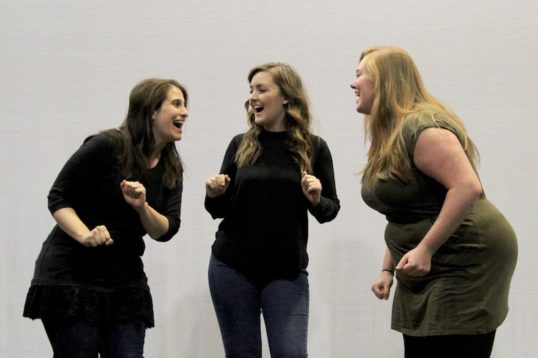 Natalie Arle-Toyne, Rosie Houlton and Lauren Ellis-Steele in rehearsal for Songs Unseen.