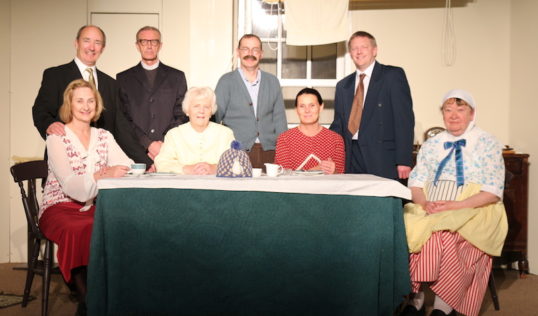 Colin Mitchell, Chris Mitchell, Murray Petrie, Betty Meston, Scott Kerr, Louise Starkey, Simon Petrie and Ishbel Shand in Ne'er the Twain. at Saughtonhall. Photo Sarah Howley