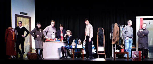 Giulia Frontalini (Cheryl), Anne Trotter (Marjorie), Derek Melon (Frazer), Alan Melon (Flower delivery boy), Beatrice Cant (Susan), Mike Appleby (David), Chester Parker (Tony) and Carol Davidson (Scotch Doris) in the Edinburgh Makars' <em>Good Things</em>. Pic: Martin Burnell