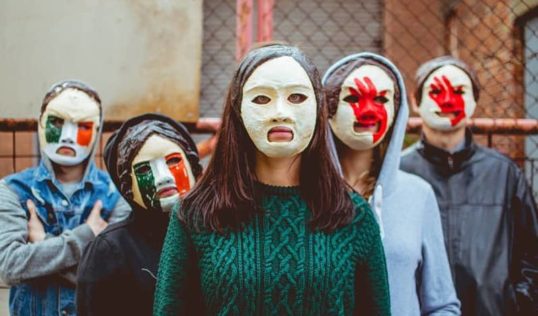 Thomas Mugglestone, Emer Conway, Jenny Quinn, Serena Doran and Les Fulton in Aulos Productions' Antigone na h'Eireann. Publicity pic Aliza Hoover