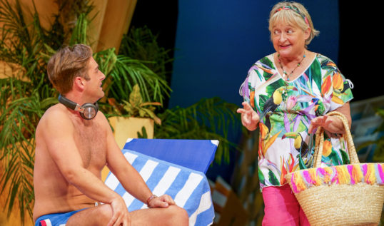Benidorm Live Edinburgh Playhouse UK tour 2018/2019 Bradley Clarkson 'Ben' and Janine Duvitski 'Jacqueline'. Photo Paul Coltas