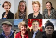 Headshots of Angiolina Foster, Nicola Killean, Hope Dickson-Leach, Heather Stuart, Matt Baker, Agnes Rennie, Jeffrey Sharkey and Darren McGarvey - members of the National Partnership for Culture