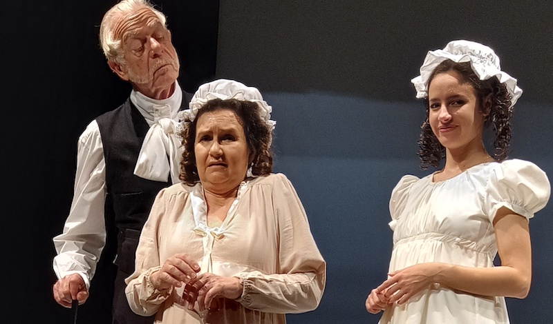 Richard Spiers (Lord Steyne), Lynn Cameron (Lady Steyne) and Talia Rivers (Backy) in Leitheatre’s Vanity Fair. Pic Marion Donohoe