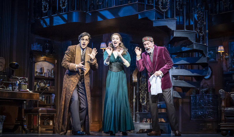 Michael D. Xavier as Professor Henry Higgins, Charlotte Kennedy as Eliza Doolittle and John Middleton as Colonel Pickering photo by Marc Brenner