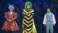 A man in a red tartan dress, a man in a wasp-like dress with a mop of green hair and a man in a blue costume stand in a line against a black background.