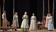 Six actors on stage in a theatre play. Honeysuckle Weeks (centre) with Cillian Lenaghan, Jade Kennedy, Imogen Elliot and Grace Molony. Pic Nobby Clark