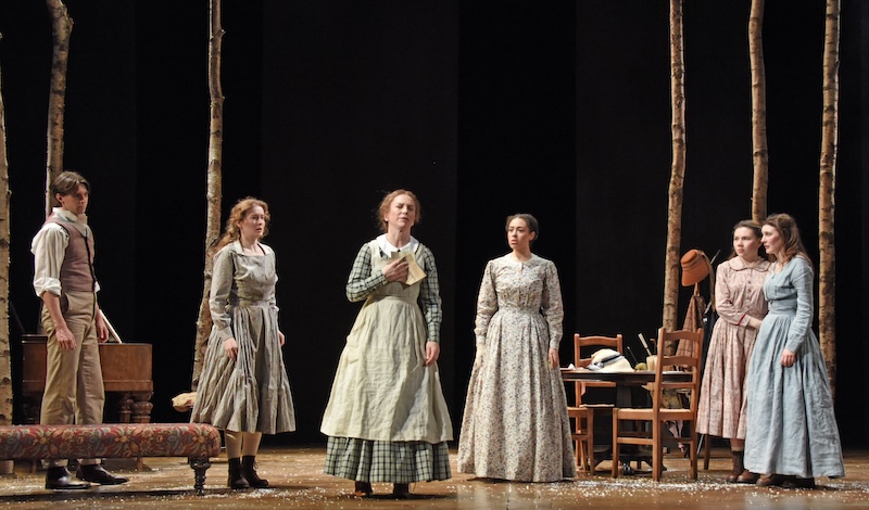 Six actors on stage in a theatre play. Honeysuckle Weeks (centre) with Cillian Lenaghan, Jade Kennedy, Imogen Elliot and Grace Molony. Pic Nobby Clark